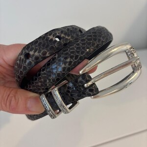 May include: A dark gray snakeskin-patterned belt with a silver-colored buckle. The belt has a textured appearance and is coiled. The buckle has a decorative design. The belt is a fashion accessory.
