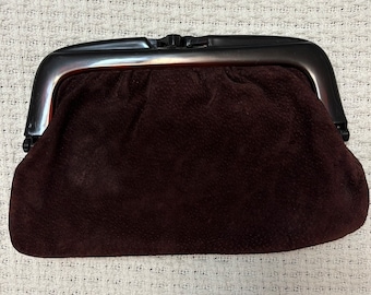 Vintage Suede Clutch Purse, Lucite Kiss Lock, Made in Italy