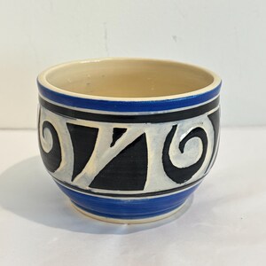 Vintage studio pottery bowl geometric pattern signed blue black cream 4.5" diameter