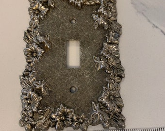 Vintage 1960's floral metal single light switch cover silver tone electrical ornate single toggle switch plate cover ornate design