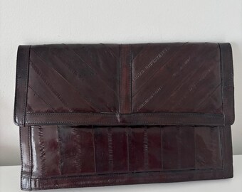 Vintage Genuine Eel Skin Clutch Purse: Chocolate Brown, Magnetic Snap Closure, Made in Korea