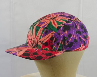 Bright Floral Hat, 5-Panel, Upcycled Fabric, Cap, Adjustable Plastic Black Strap Back, One Size Fits Most, Handmade, Baseball Hat