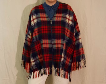 Wool Blanket Jacket, Zipper Front, Handmade, Plaid, Fringe