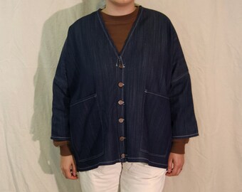 Unisex Boxy Jacket, Workwear Look, Cropped Sleeve, Navy Stretch Denim, Button Front, Hip Length, V-Neck, Handmade, Layering Jacket, Denim