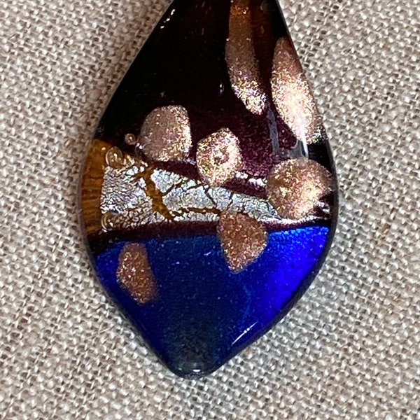 Dichroic Glass Pendant, Statement Glass Pendant, Copper, Blue with Silver Accent Glass Pendant Bead, Leaf Shaped Glass - Murano Glass