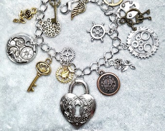 Steampunk charm bracelet, clock bracelet,  keys charm bracelet,