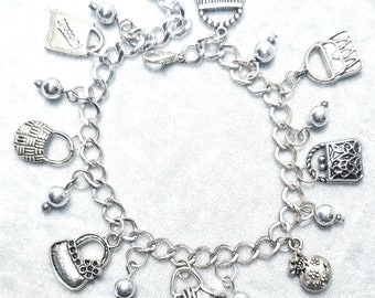 Solid Sterling Silver Quilted Purse Charm Bracelet Pendant Necklace Feminine Solid Sterling Silver Quilted Purse Charm Bracelet Pendant Necklace Feminine