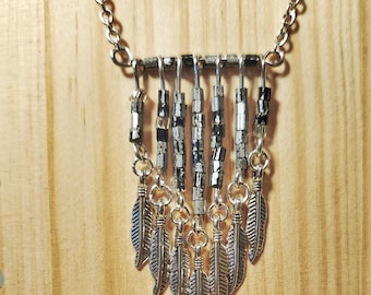 Fringe Necklace, Angel Wings, black necklace, boho fringe, fringe pendant, black and silver, beaded necklace