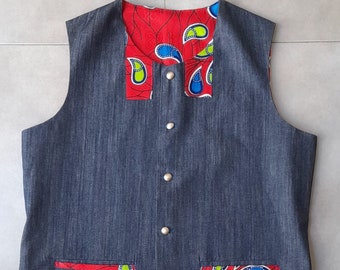 Summer Vibes - Light weight denim waistcoat with African style cotton contrast. Two welt pockets, metal buttons and fully lined.