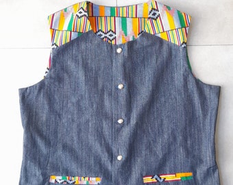 Summer Vibes - Handmade denim waistcoat with African style print contrast. Two welt pockets, fully lined and metal button front.