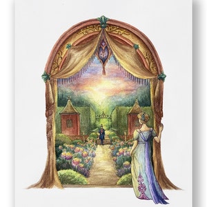 May include: A watercolor painting of a woman in a blue dress standing in a doorway looking at a man in a top hat walking down a path in a garden. The garden has two small red buildings and a gate in the background. The text "Biu Biu Wonderland" is at the bottom of the image.