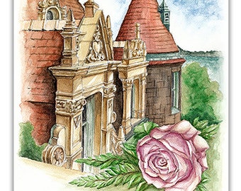 Boldt Castle on the Heart Island, Thousand Islands, New York, USA. Love and rose, watercolor travel sketch, housewarming gift, Giclée print