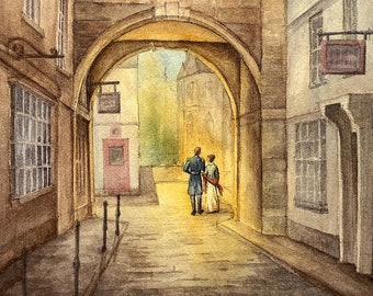 May include: A watercolor painting of a couple walking through a stone archway in a European city. The couple is dressed in 19th-century clothing and is walking towards the light at the end of the archway.