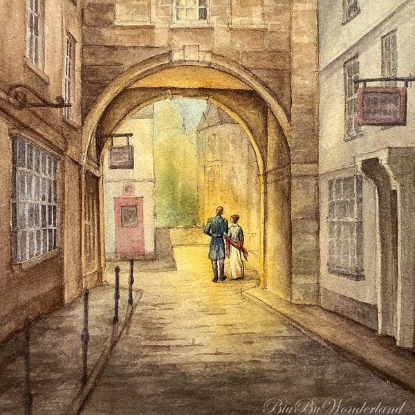 A Walk in Bath (Final Proposal), Persuasion, Jane Austen, Captain Wentworth, Anne Elliot, watercolor, architecture, giclée print, gift