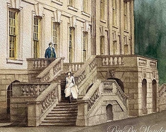 May include: A watercolor painting of a large, white building with a grand staircase. The building has many windows and a decorative roofline. Two figures are standing on the stairs, one in a blue suit and the other in a white dress.