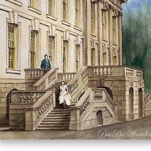 Encounter at Pemberley, Pride and Prejudice, Jane Austen, Mr.Darcy, love story, watercolor, architecture, giclée print, housewarming gift