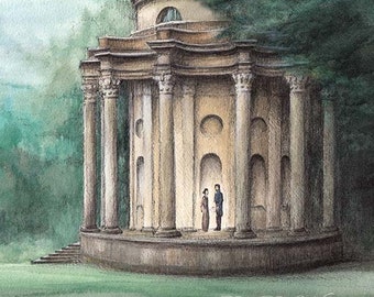 May include: A watercolor painting of a couple standing in front of a stone building with columns. The building is surrounded by trees and the sky is cloudy. The painting is signed "Biu Biu Wonderland".