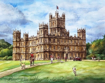 English Countryside Watercolor Giclée Print: Hunting Scene at the Abbey, architectural rendering