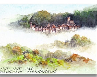 Jane Eyre, Thornfield, Englische Landschaft, Aquarell, Architektur, Skizze, Giclée Druck, Einweihungsgeschenk