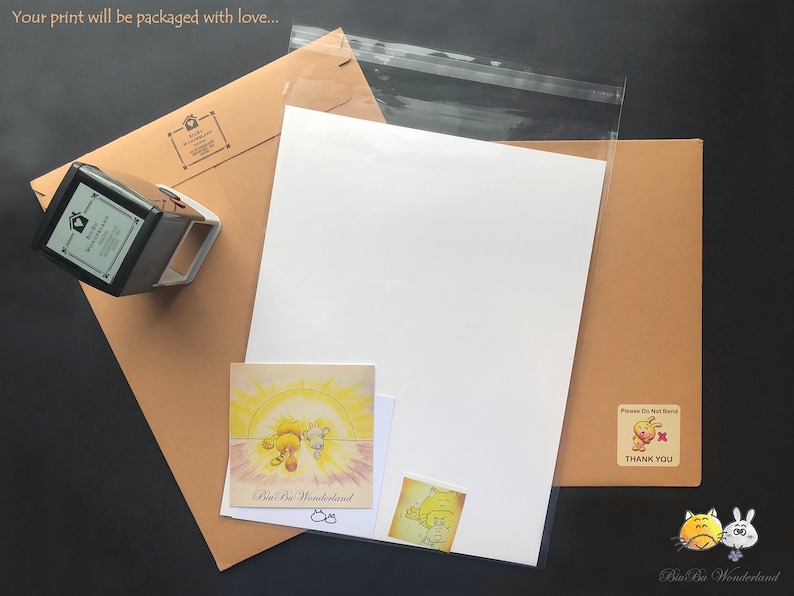 May include: A brown paper envelope with a white card inside. The card has a drawing of two cartoon animals with a sun behind them. The text on the card reads "Biu Bu Wonderland" and "08". There is a small sticker on the envelope that says "Please Do Not Bend" and "Thank You".