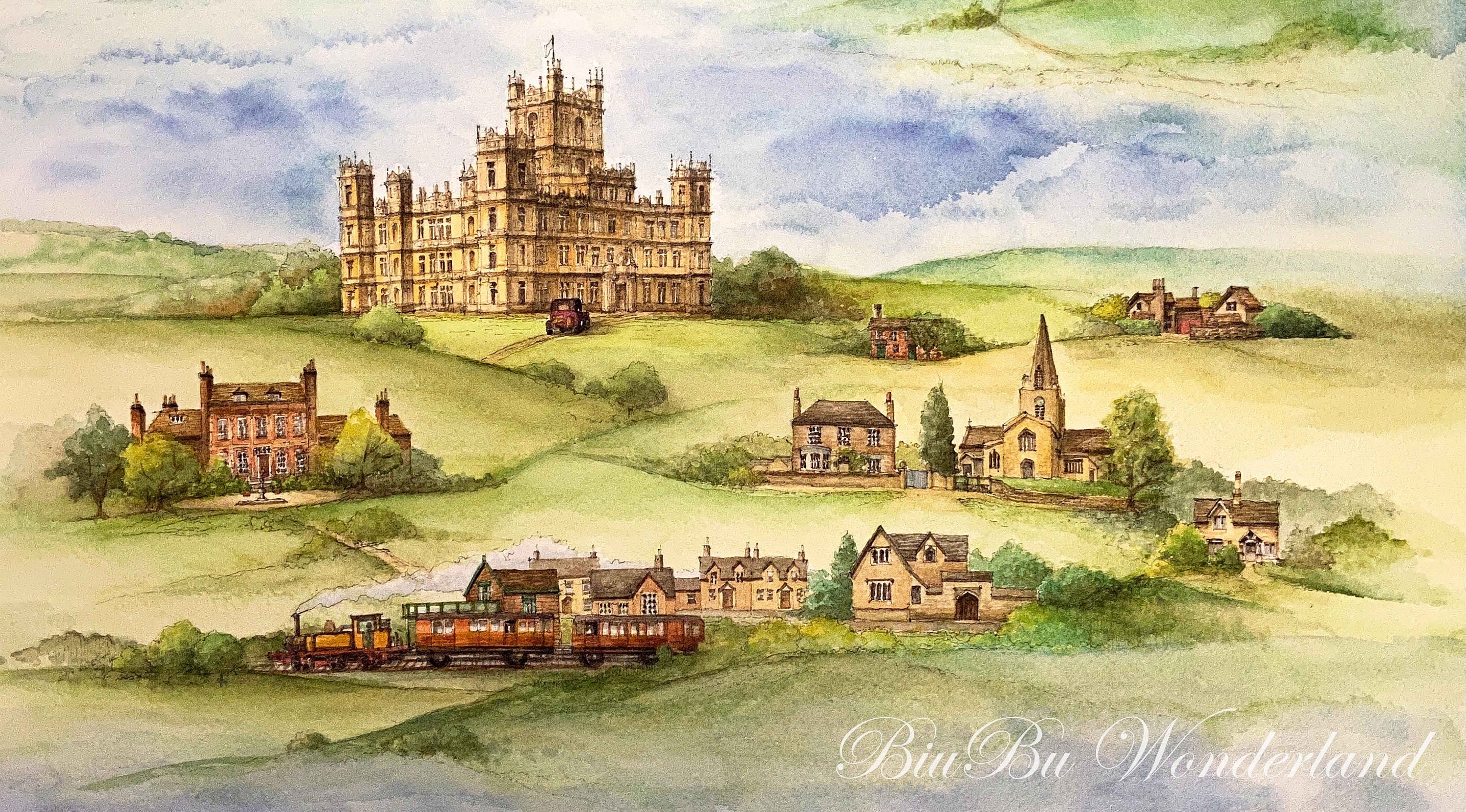 From Yorkshire to London Watercolor Giclée Print: Castles, Train, Map, English Countryside, architectural sketch