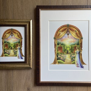 May include: A framed watercolor painting depicting a woman standing in a garden with a golden archway. The archway is draped with yellow fabric and the garden is filled with flowers and greenery. The woman is wearing a blue dress and has her back to the viewer.