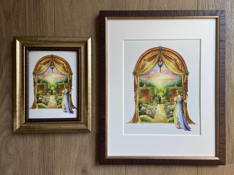 May include: A framed watercolor painting depicting a woman standing in a garden with a golden archway. The archway is draped with yellow fabric and the garden is filled with flowers and greenery. The woman is wearing a blue dress and has her back to the viewer.