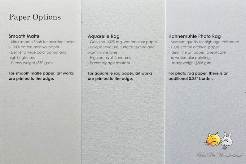 May include: Three paper options for printing art: Smooth Matte, Aquarelle Rag, and Hahnemuhle Photo Rag. Each paper type is described with its features and weight. For example, Smooth Matte is 100% cotton archival paper with a heavy weight of 330 gsm.