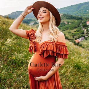 Fall maternity dress for pictures, almond maternity dress, ruffled maternity, long train dress, boho dress for photohoot, rust dress, sale