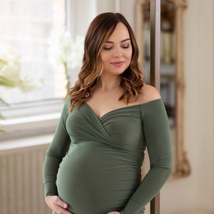 Maternity Dress,Off Shoulders Sweetheart Neckline Long Sleeves Maternity, Baby Shower,Maternity dress for photoshoot, green dress image 5