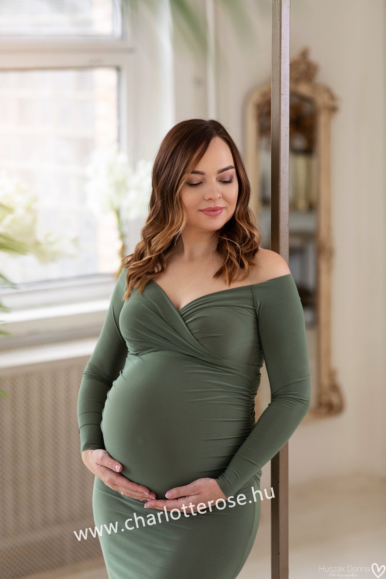 Maternity Dress,Off Shoulders Sweetheart Neckline Long Sleeves Maternity, Baby Shower,Maternity dress for photoshoot, green dress image 5