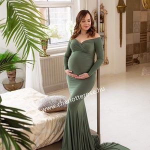 Maternity Dress,Off Shoulders Sweetheart Neckline Long Sleeves Maternity, Baby Shower,Maternity dress for photoshoot, green dress image 4