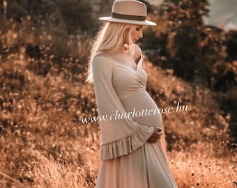 Fall maternity dress for pictures, almond maternity dress, ruffled sleeves maternity, long train dress, boho dress for photohoot, bohemian