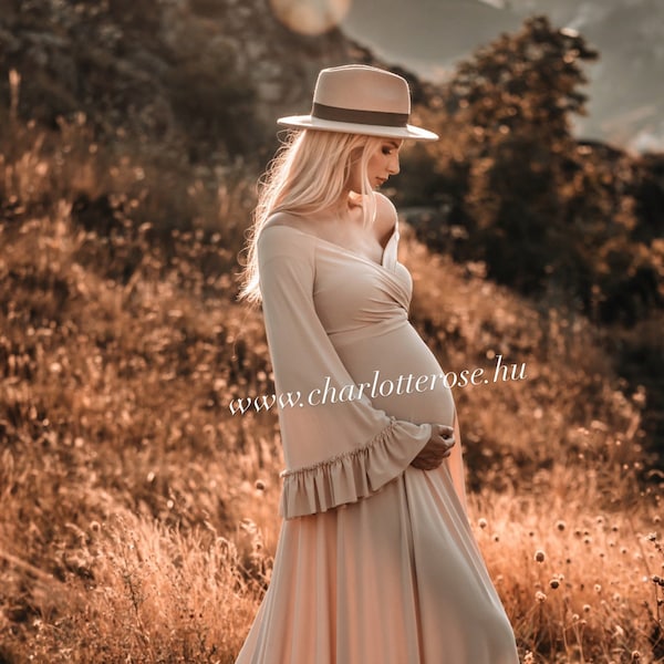 Fall maternity dress for pictures, almond maternity dress, ruffled sleeves maternity, long train dress, boho dress for photohoot, bohemian