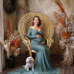 Maternity Dress,Off Shoulders Sweetheart Neckline Long Sleeves Maternity, Baby Shower,Maternity dress for photoshoot, green dress image 2