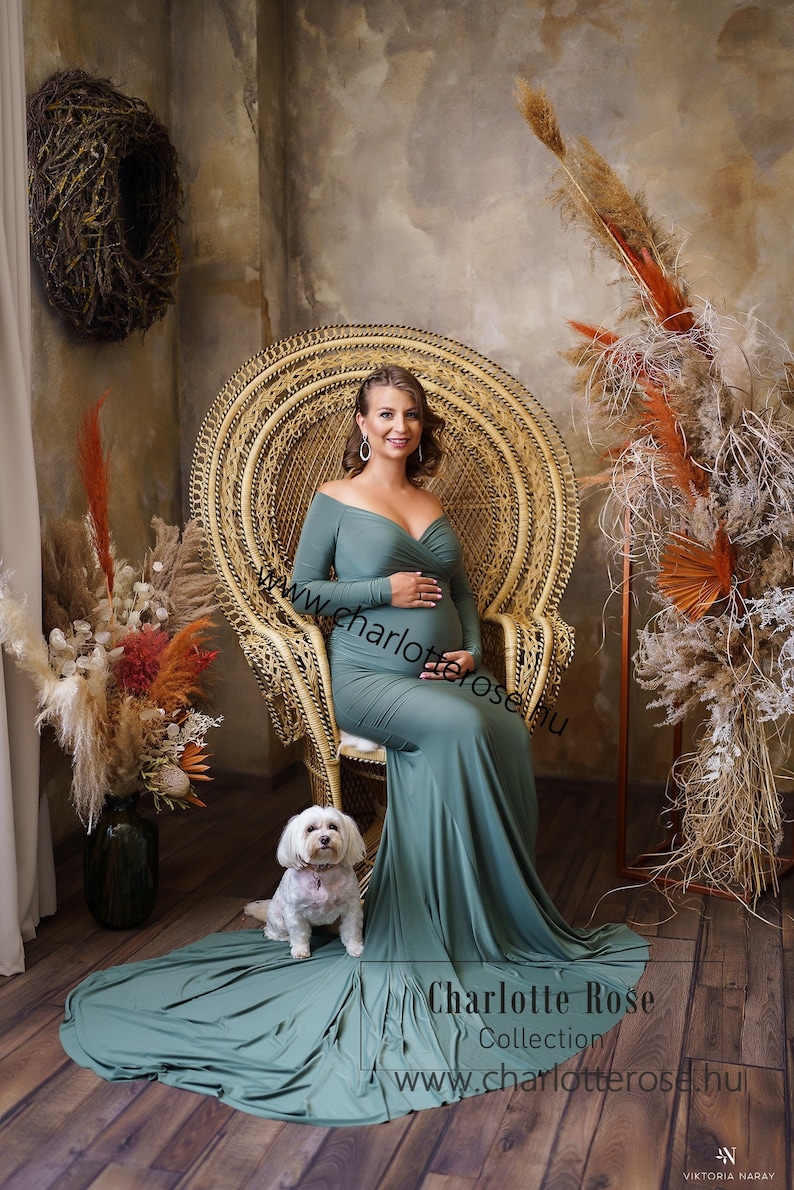 Maternity Dress,Off Shoulders Sweetheart Neckline Long Sleeves Maternity, Baby Shower,Maternity dress for photoshoot, green dress image 2