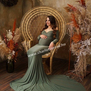 Maternity Dress,Off Shoulders Sweetheart Neckline Long Sleeves Maternity, Baby Shower,Maternity dress for photoshoot, green dress image 1