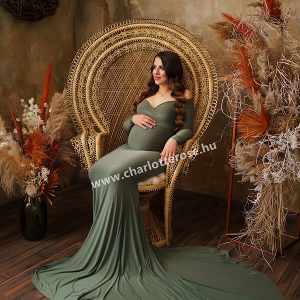 Maternity Dress,Off Shoulders Sweetheart Neckline Long Sleeves Maternity, Baby Shower,Maternity dress for photoshoot, green dress