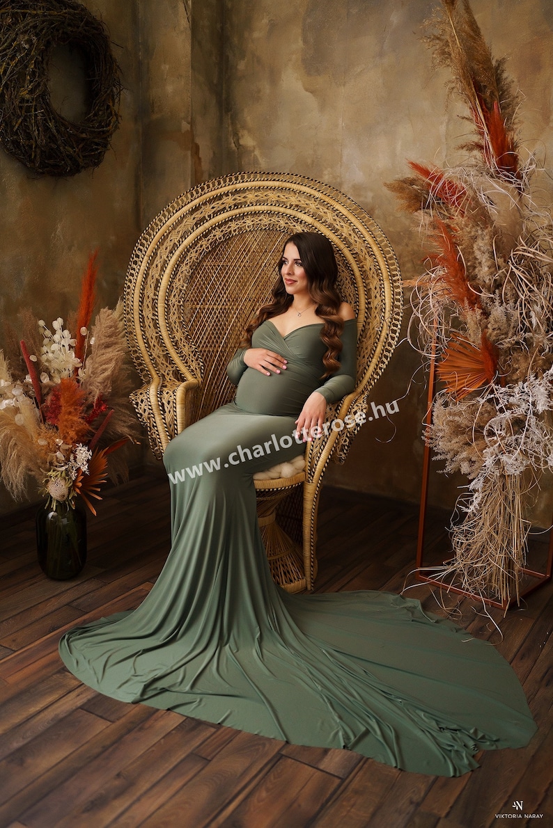 Maternity Dress,Off Shoulders Sweetheart Neckline Long Sleeves Maternity, Baby Shower,Maternity dress for photoshoot, green dress image 1