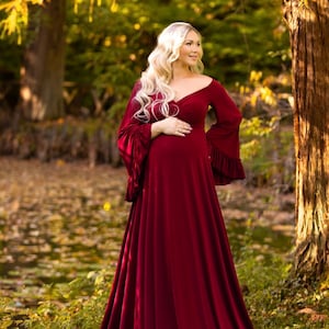 Fall maternity dress for pictures, almond maternity dress, ruffled sleeves maternity, long train dress, boho dress for photohoot, bohemian
