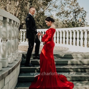 Scarlet Maternity Dress,Off Shoulders Sweetheart Neckline Long Sleeves Maternity, Baby Shower, Bridesmaids, Photo Prop Dress, Red dress