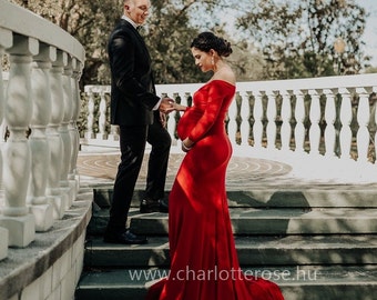 Scarlet Maternity Dress,Off Shoulders Sweetheart Neckline Long Sleeves Maternity, Baby Shower, Bridesmaids, Photo Prop Dress, Red dress