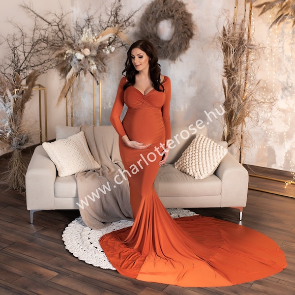 Burnt Orange maternity dress, leg slit maternity dress, fall maternity gown for photo sessions, baby shower dress, rust baby shower gown,