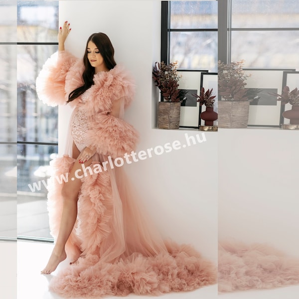 Embroidery Tulle Robe Maternity Dress for Photoshoot Ball Gown Slit Pregnancy Baby Shower Gown