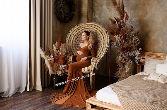 Maternity Dress,Off Shoulders Sweetheart Neckline Long Sleeves Maternity, Baby Shower, Maternity dress for photoshoot, Browndress, Bohostyle