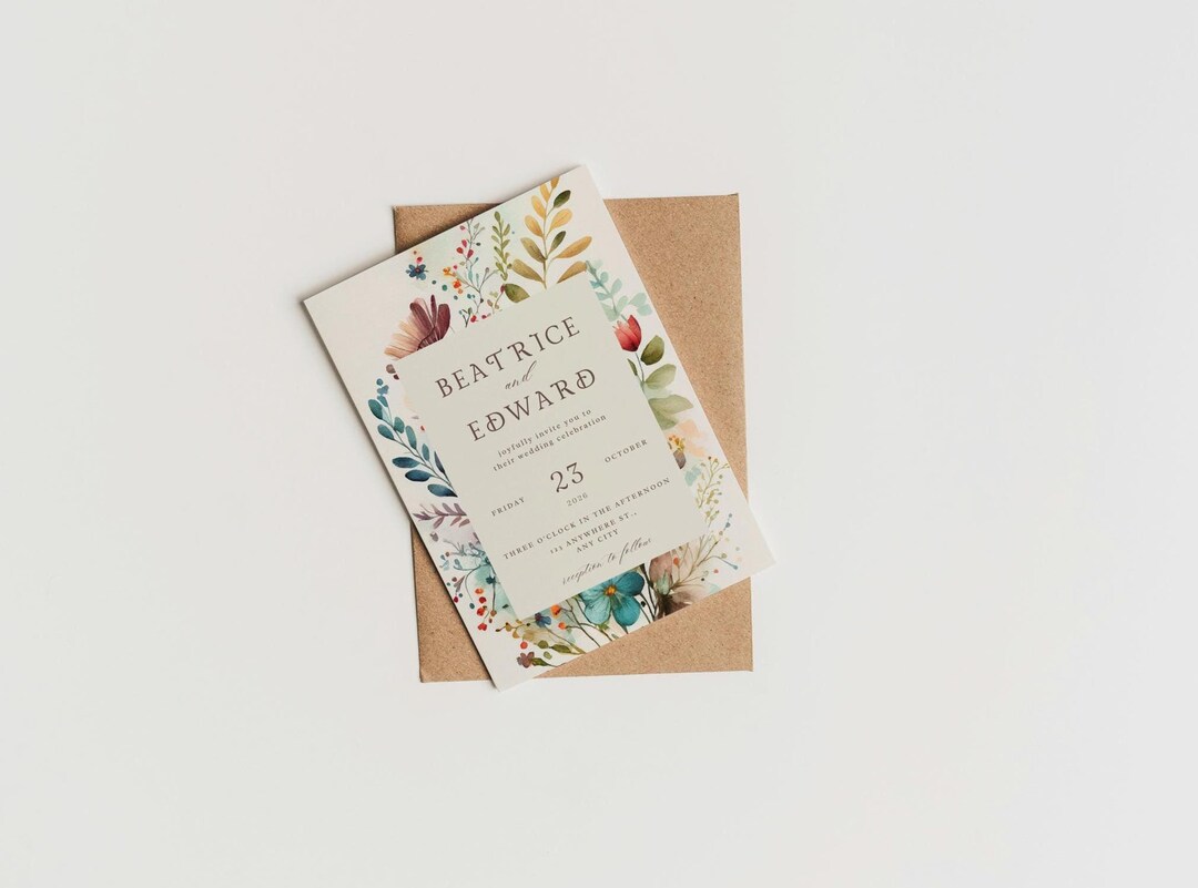 Botanical Wedding Invitation, Rustic Floral Design (digital Download ...