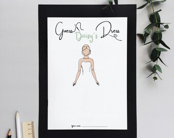 May include: A printable bridal shower game with a black and white illustration of a bride with the text "Guess Daisy's Dress".