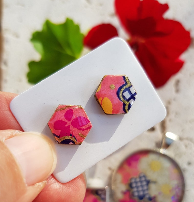 Hexagon Studs Japanese Paper Modern Earrings Flower Earrings Japanese Earrings Origami Paper Studs Washi Resin Earrings Flower Studs