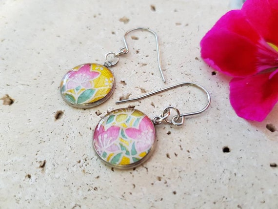 Chiyogami Earrings Yuzen Earrings Washi Earrings Small Pink and Black Earrings Japanese Paper Earrings