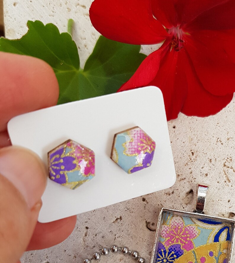 Hexagon Studs Japanese Paper Modern Earrings Flower Earrings Japanese Earrings Origami Paper Studs Washi Resin Earrings Flower Studs